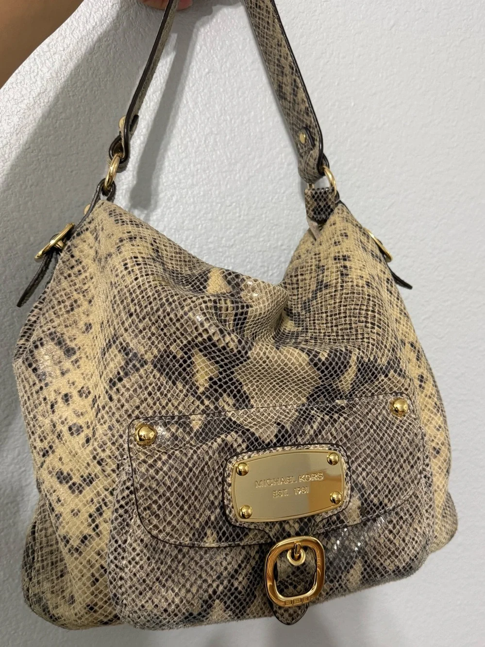 Michael Kors Snake-Print Hobo in Beige and Brown with Gold Hardware